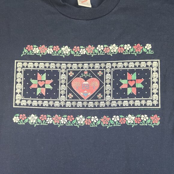 Vintage Cottage Core Shirt Large Hearts Flowers Needlework 90's Jerzees USA Made - Picture 7 of 10
